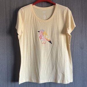 St. John's Bay Tee - Pastel Yellow & Bird Print - Size Large